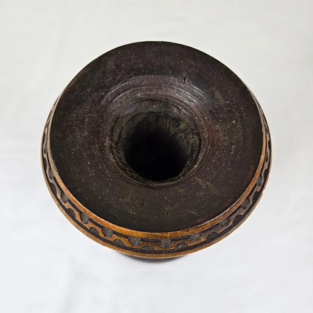 Vintage Handcarved Dark Wooden Footed Vase Folk Art Two Tone Brown